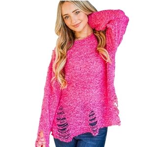 And‎ The Why Pink Distressed Sweater Relaxed Fit Pullover Frayed Long Sleeve